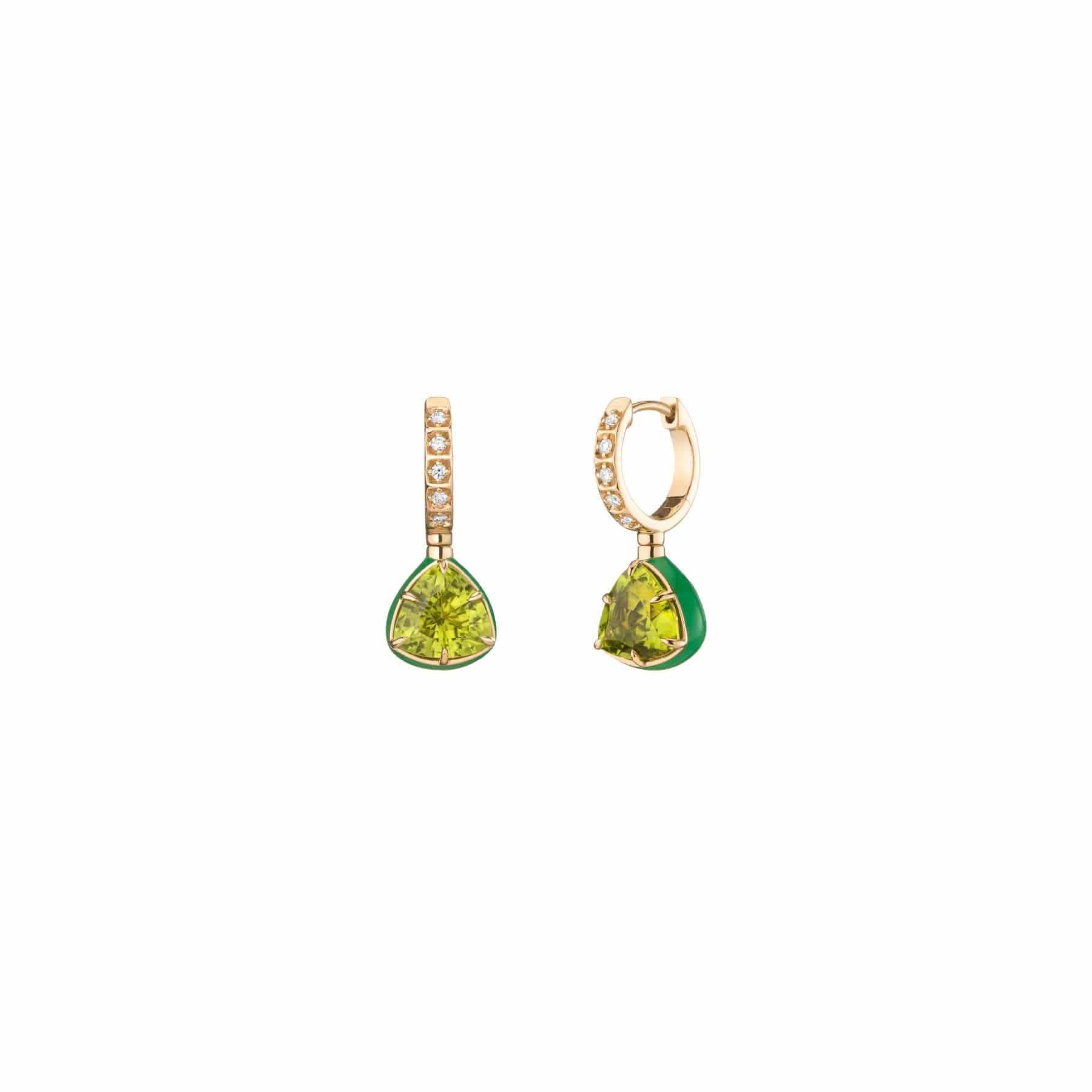 Mined and Found alter ego reversible earrings with peridot, emerald green enamel and diamond