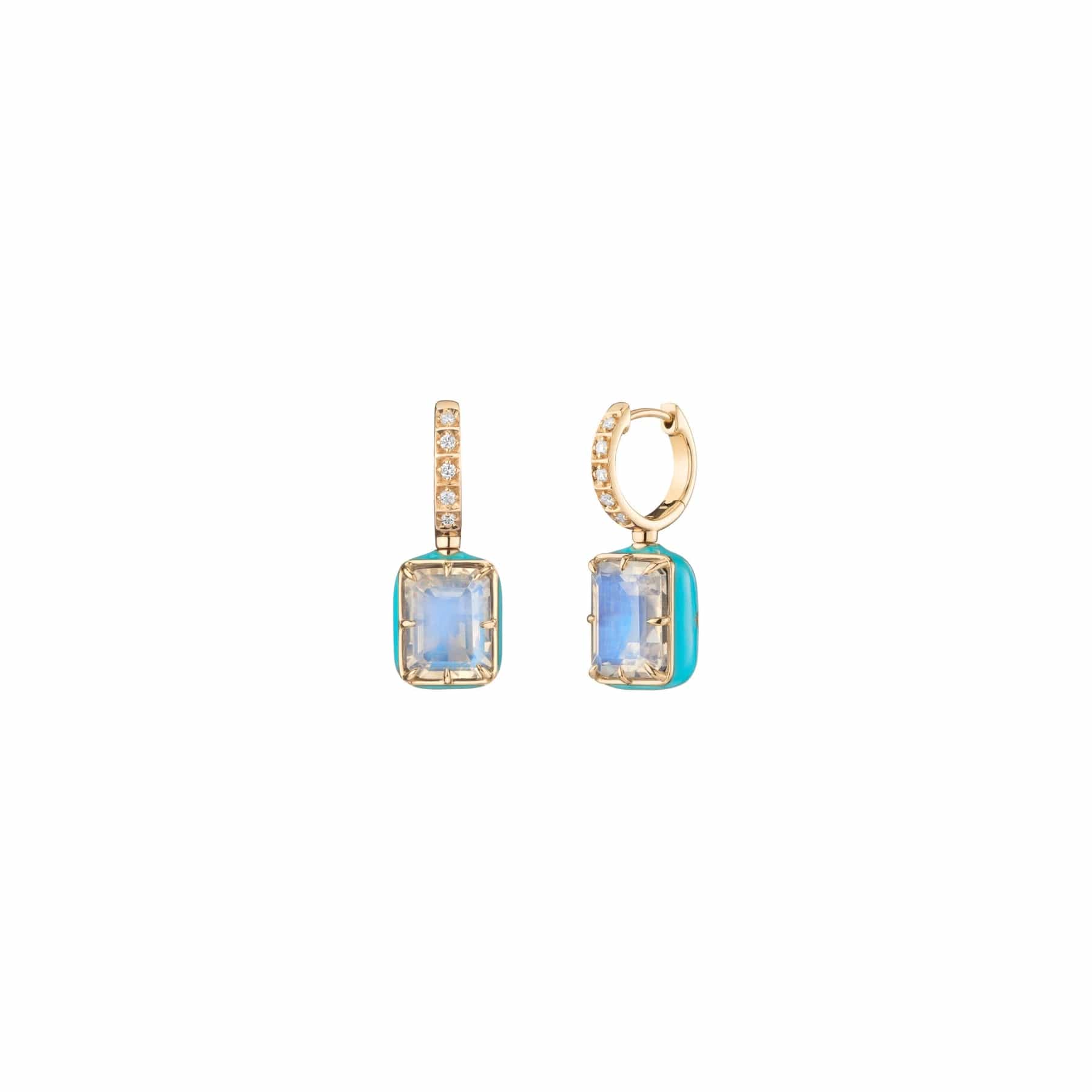 Mined and Found drop Earrings with emerald cut rainbow moonstone and light blue enamel