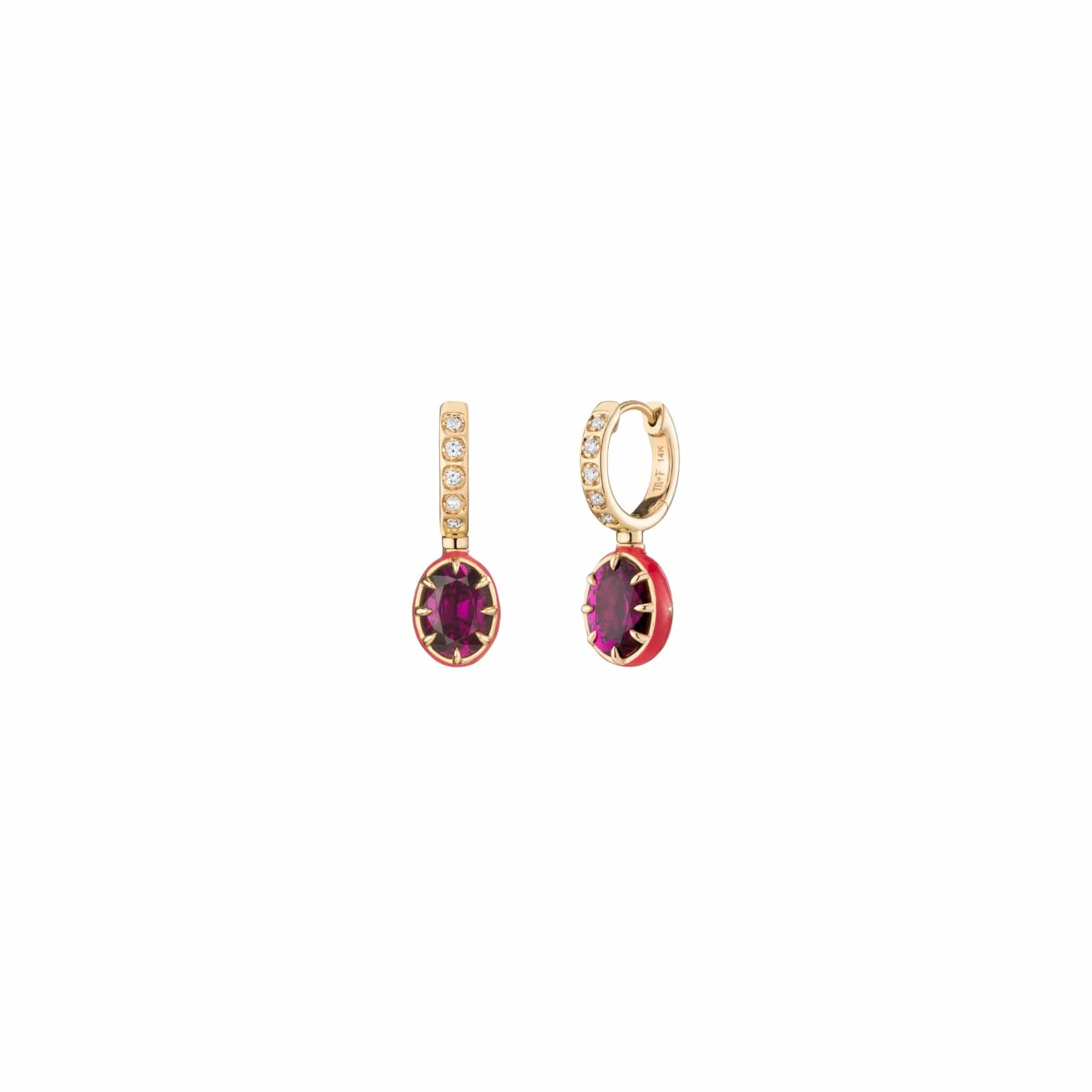 Mined and Found Earrings alter ego earrings, rhodolite garnet, diamond and dark pink enamel