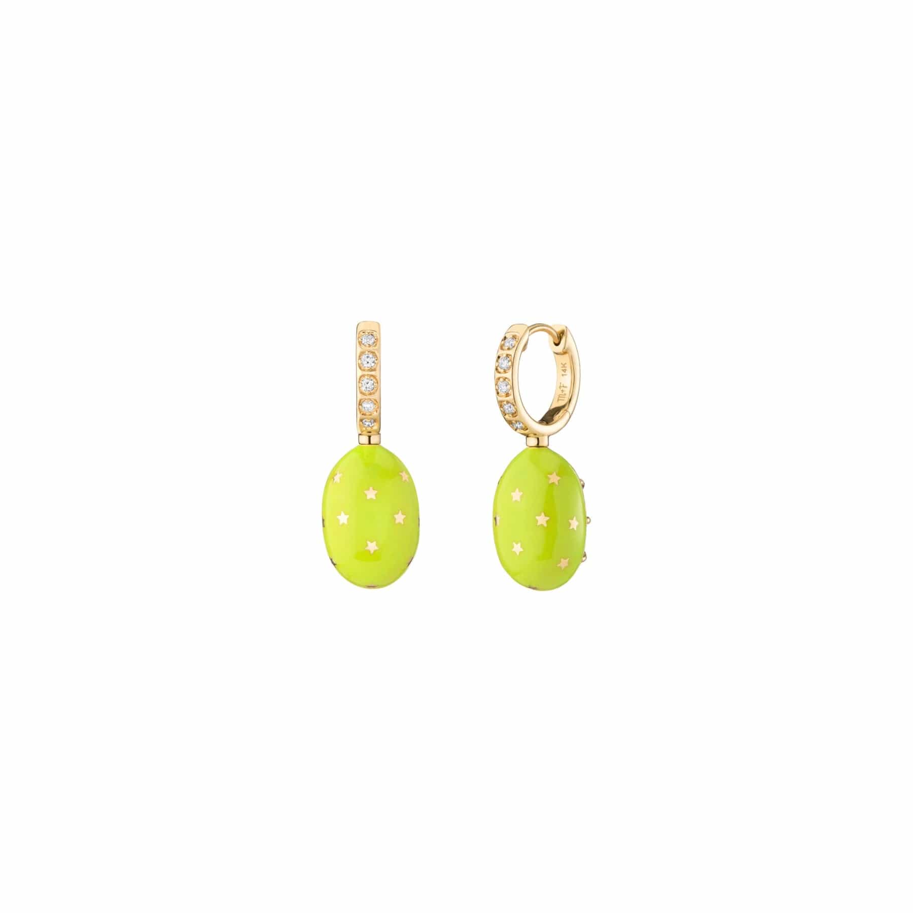 Mined and Found alter ego earrings with sphene, diamond and neon green enamel