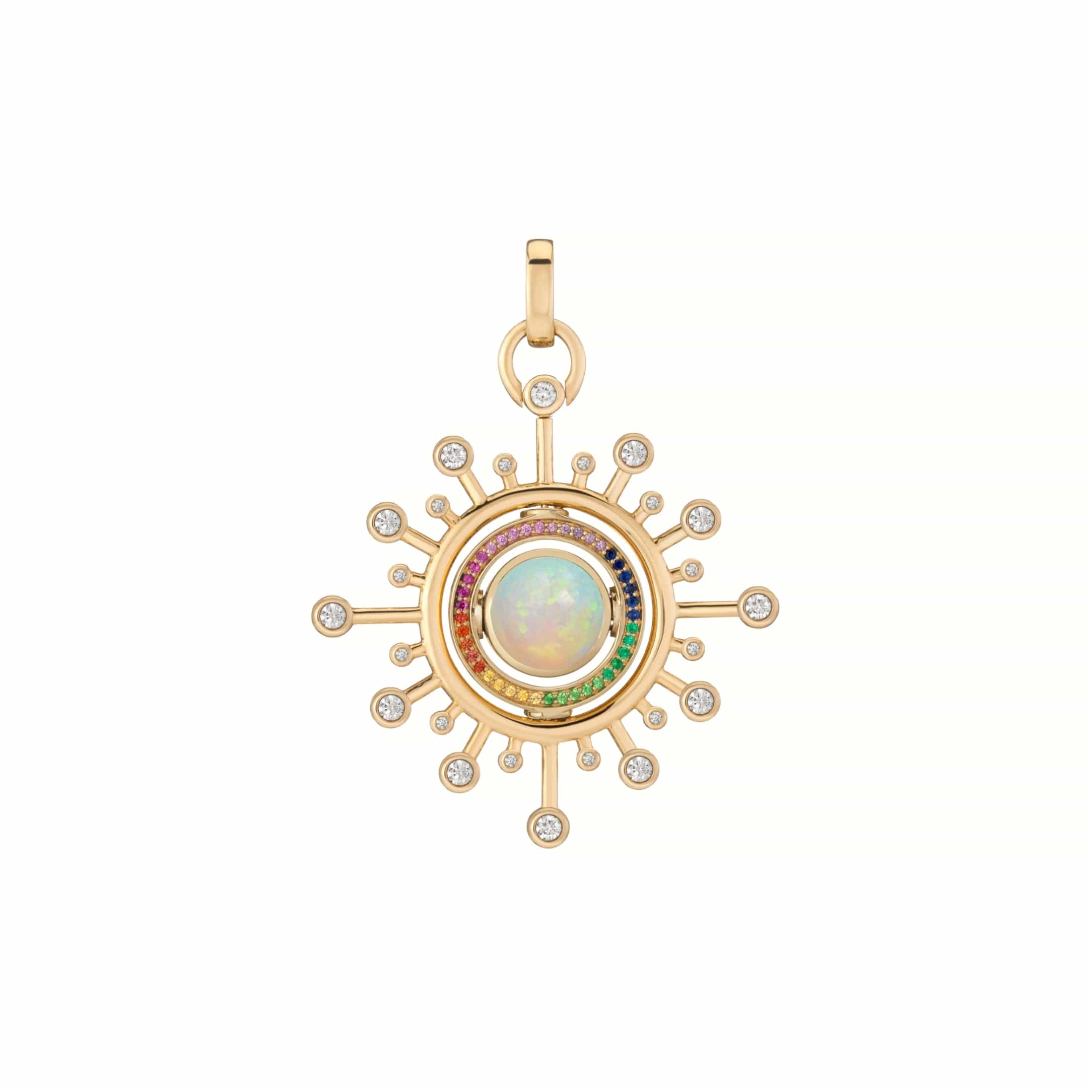 Mined + Found Pendants aurora in orbit, Ethiopian opal + rainbow sapphire