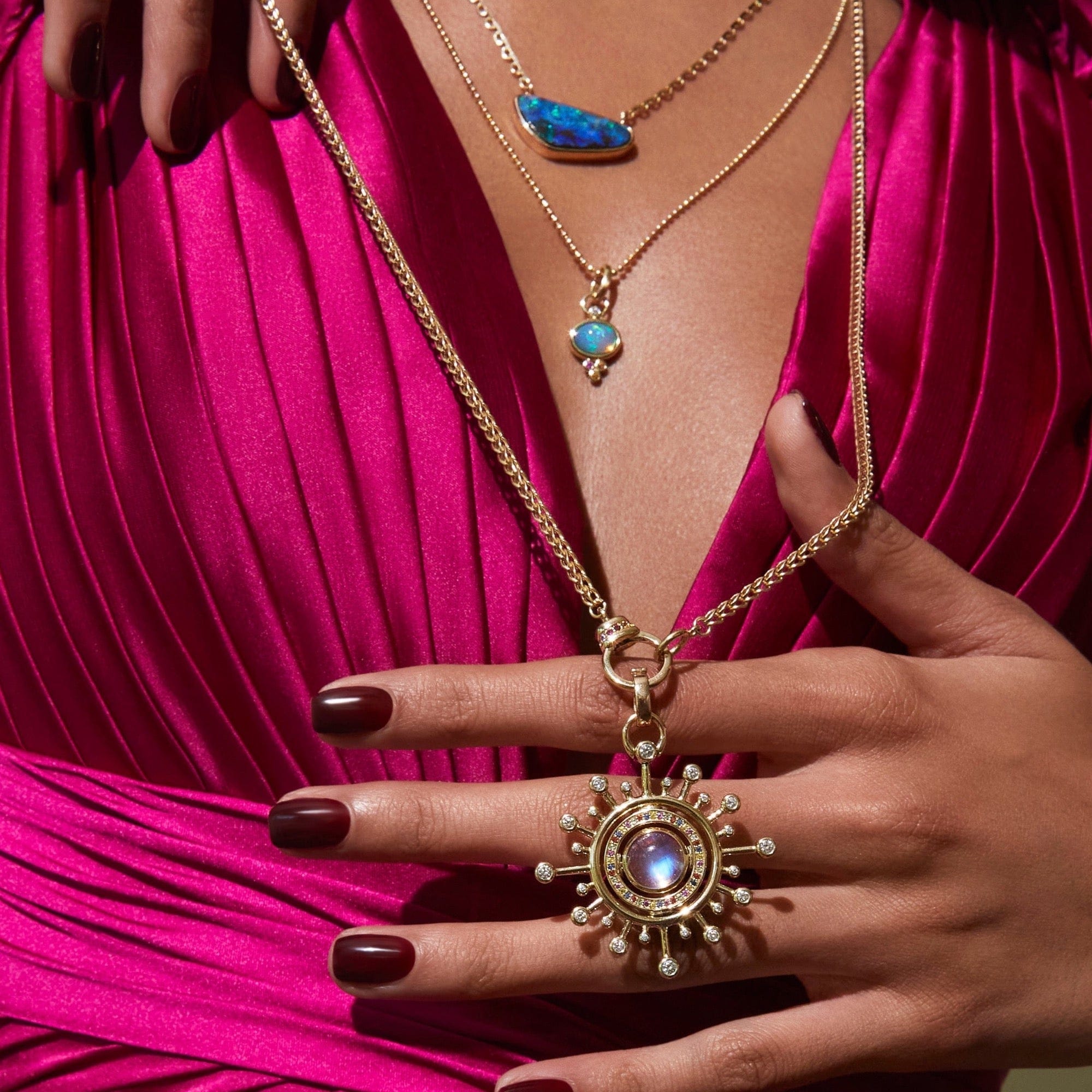 Mined + Found Pendants aurora in orbit, Ethiopian opal + rainbow sapphire