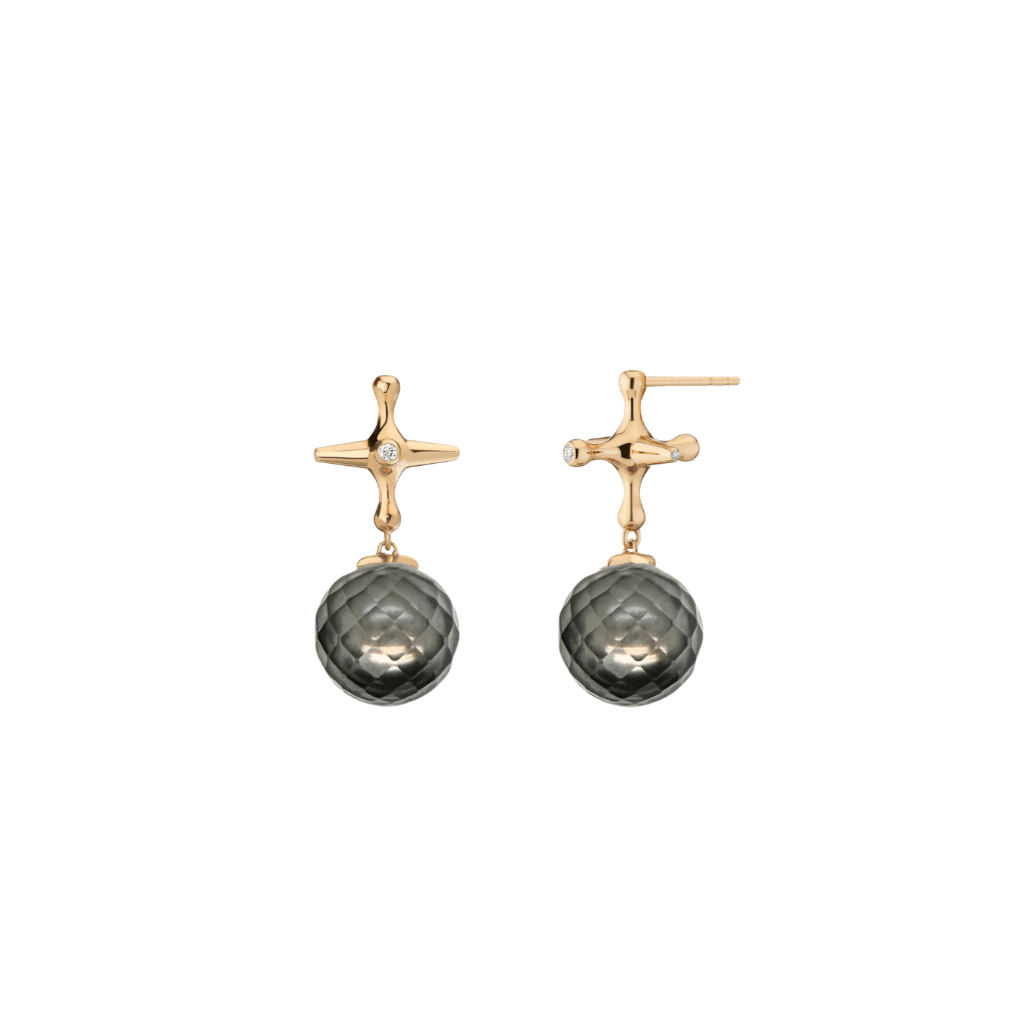 Mined + Found Earrings bounce back earrings with jacks toy stud and Tahitian pearl ball