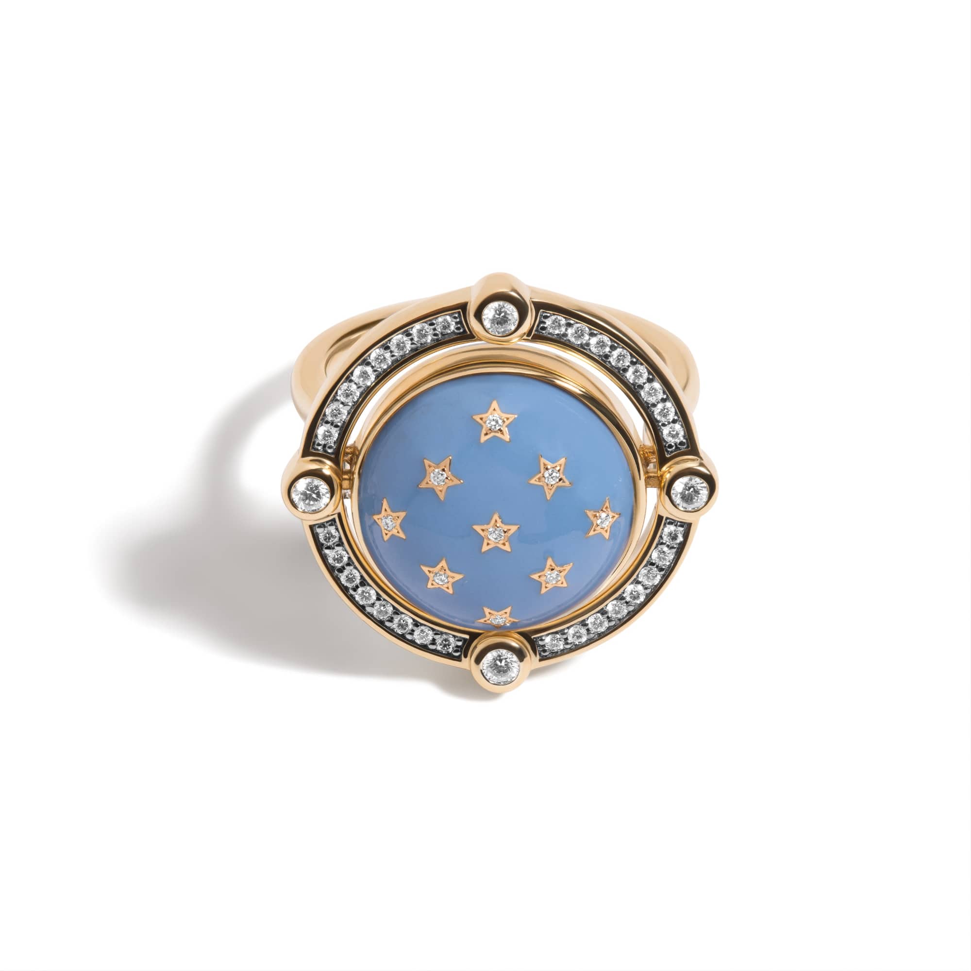 Mined + Found Rings compass ring, carved moonstone + porcelain blue