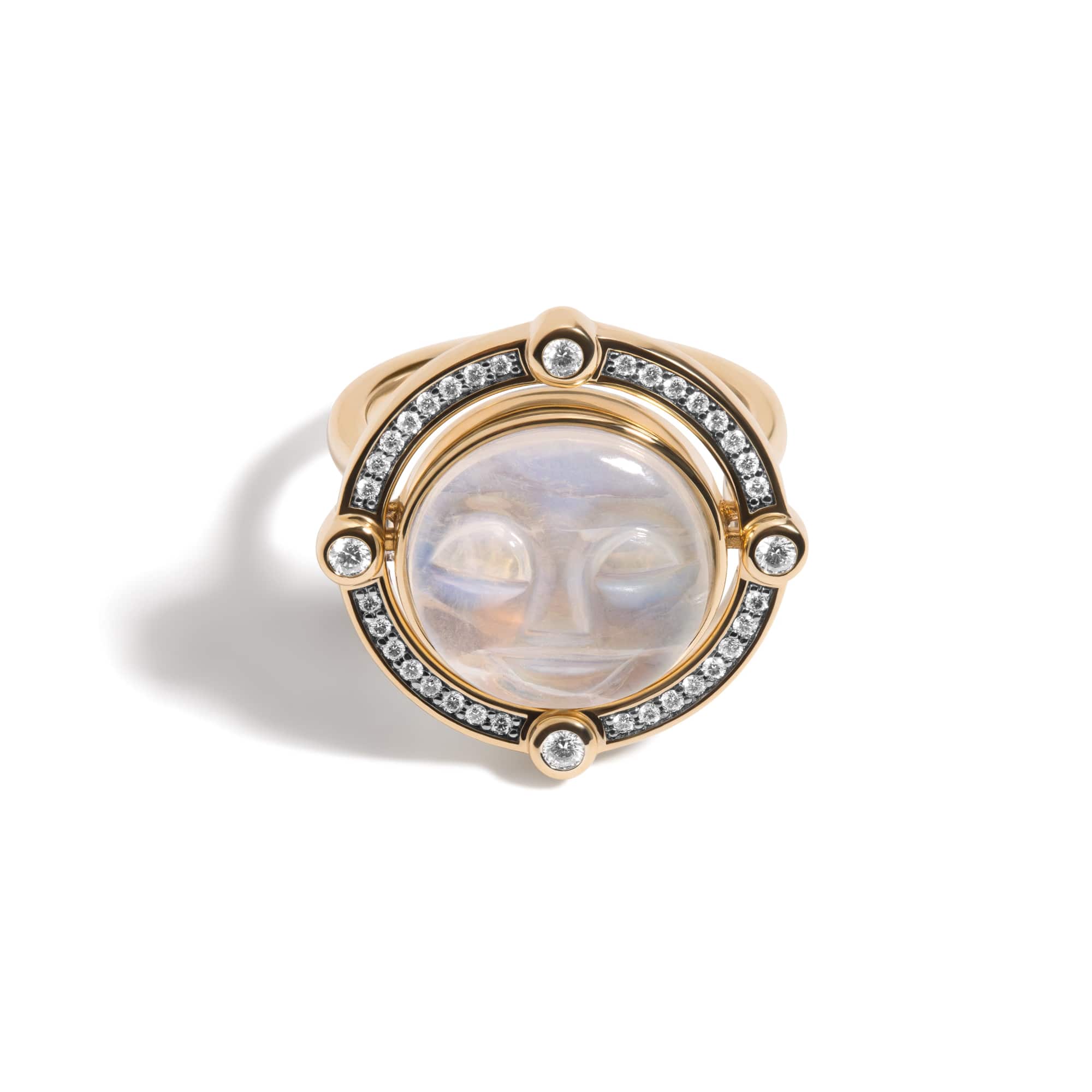 Mined + Found Rings compass ring, carved moonstone + porcelain blue