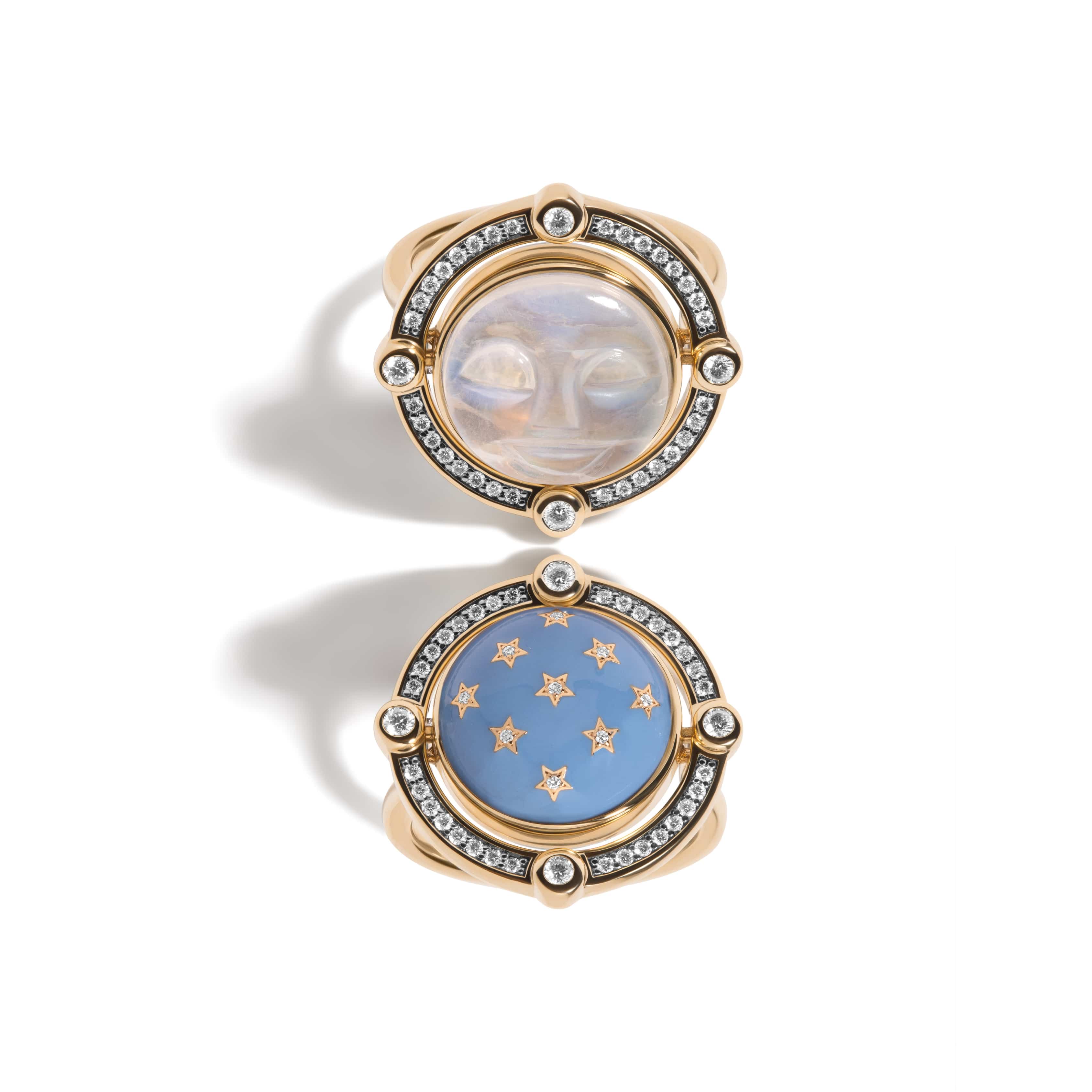 Mined + Found Rings compass ring, carved moonstone + porcelain blue