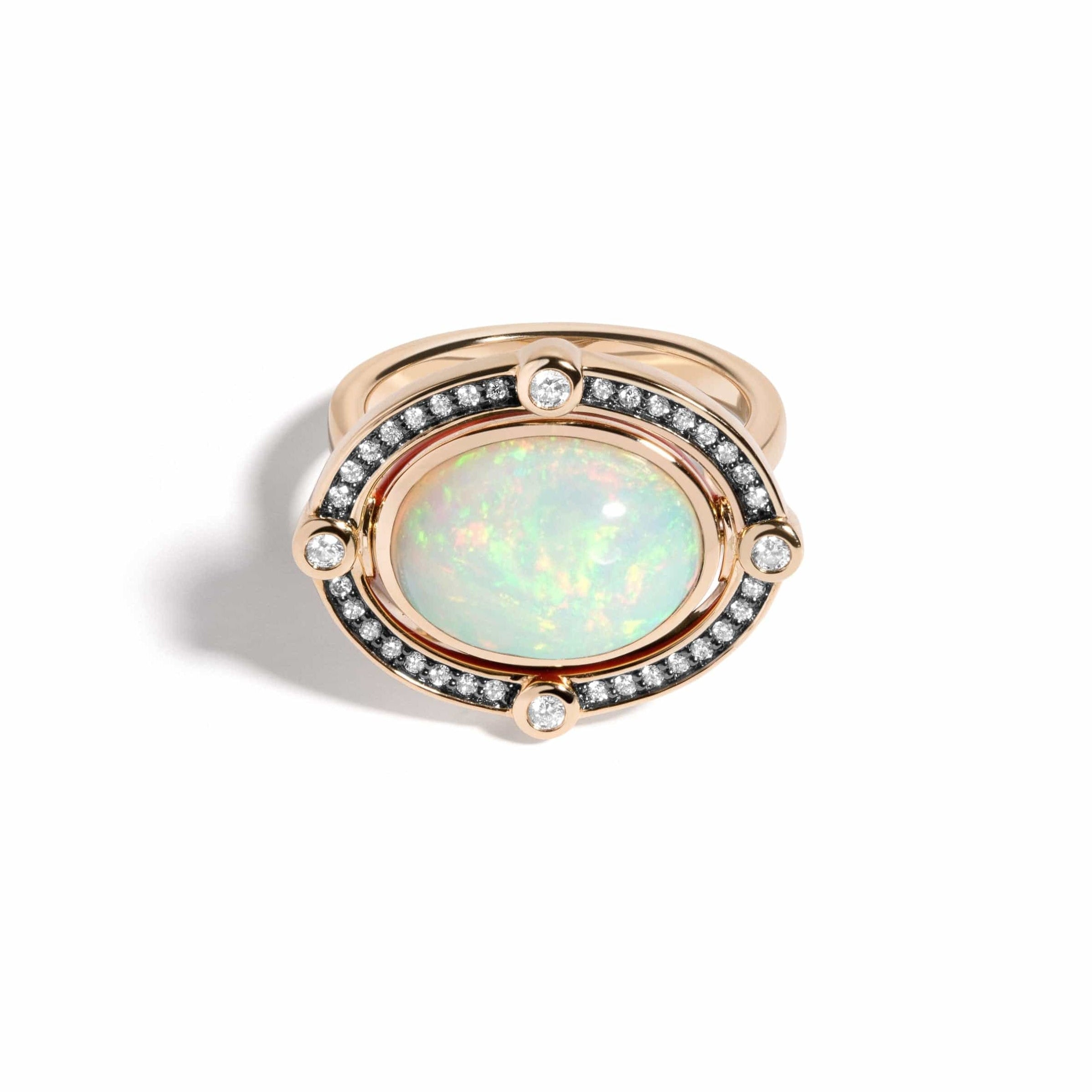 Mined + Found reversible opal cocktail ring, Ethiopian opal and diamond with neon green enamel