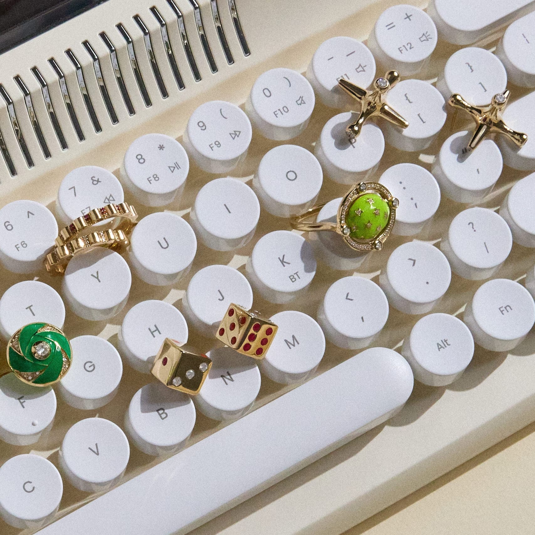 Mined + Found Rings compass ring, Ethiopian opal + glowing green enamel