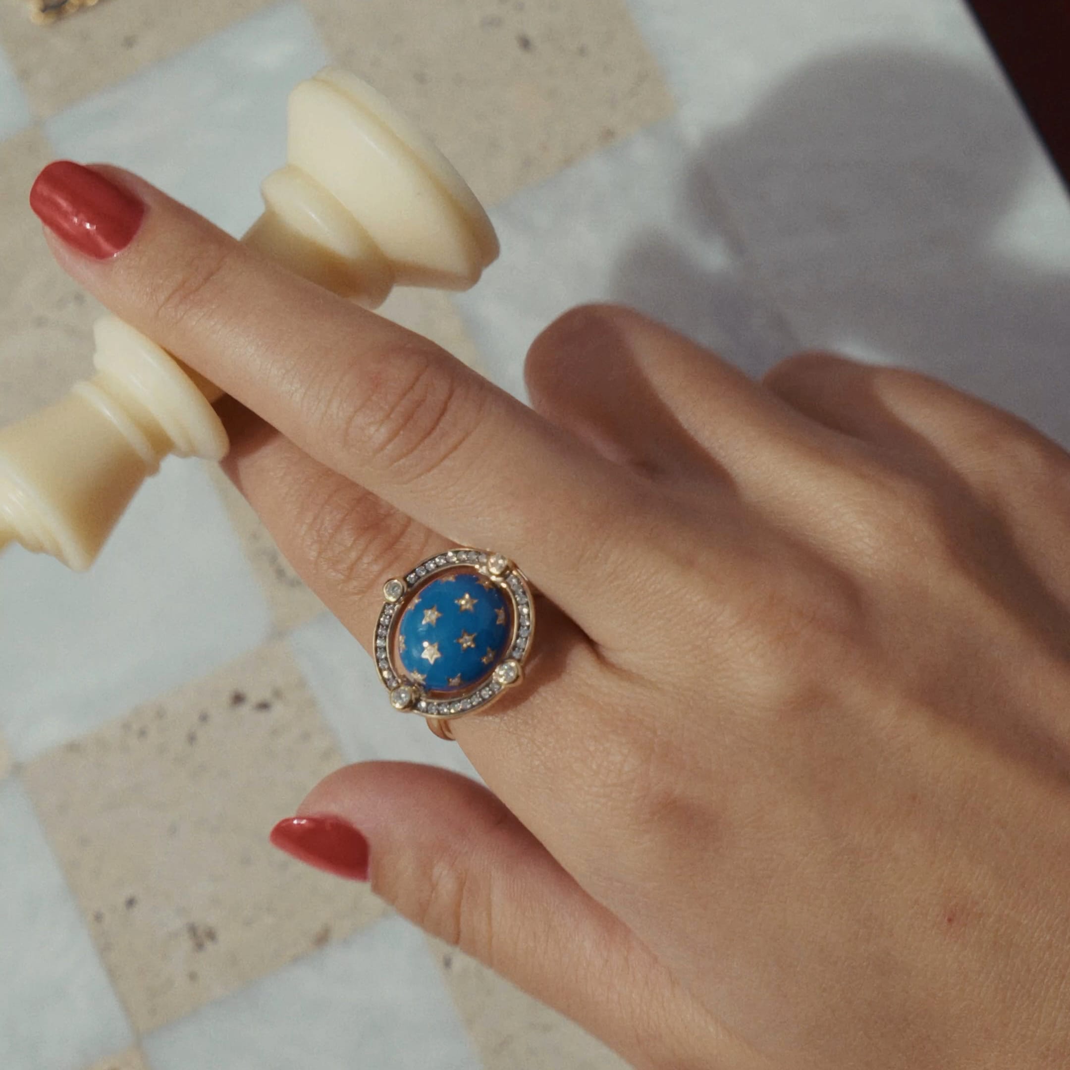 Mined + Found Rings compass ring, moonstone + vesper blue enamel
