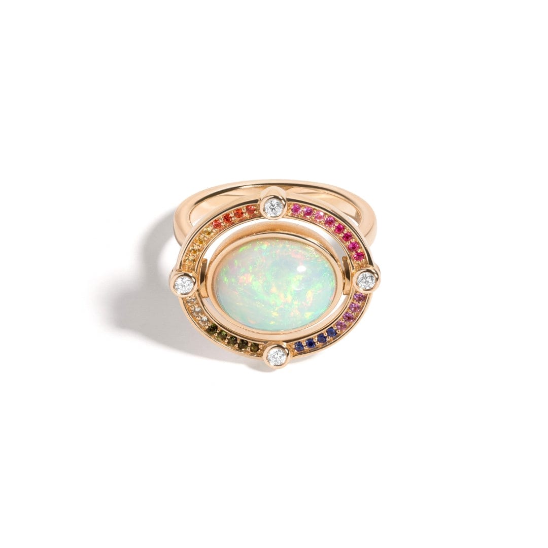 Mined + Found Rings compass ring, opal + rainbow