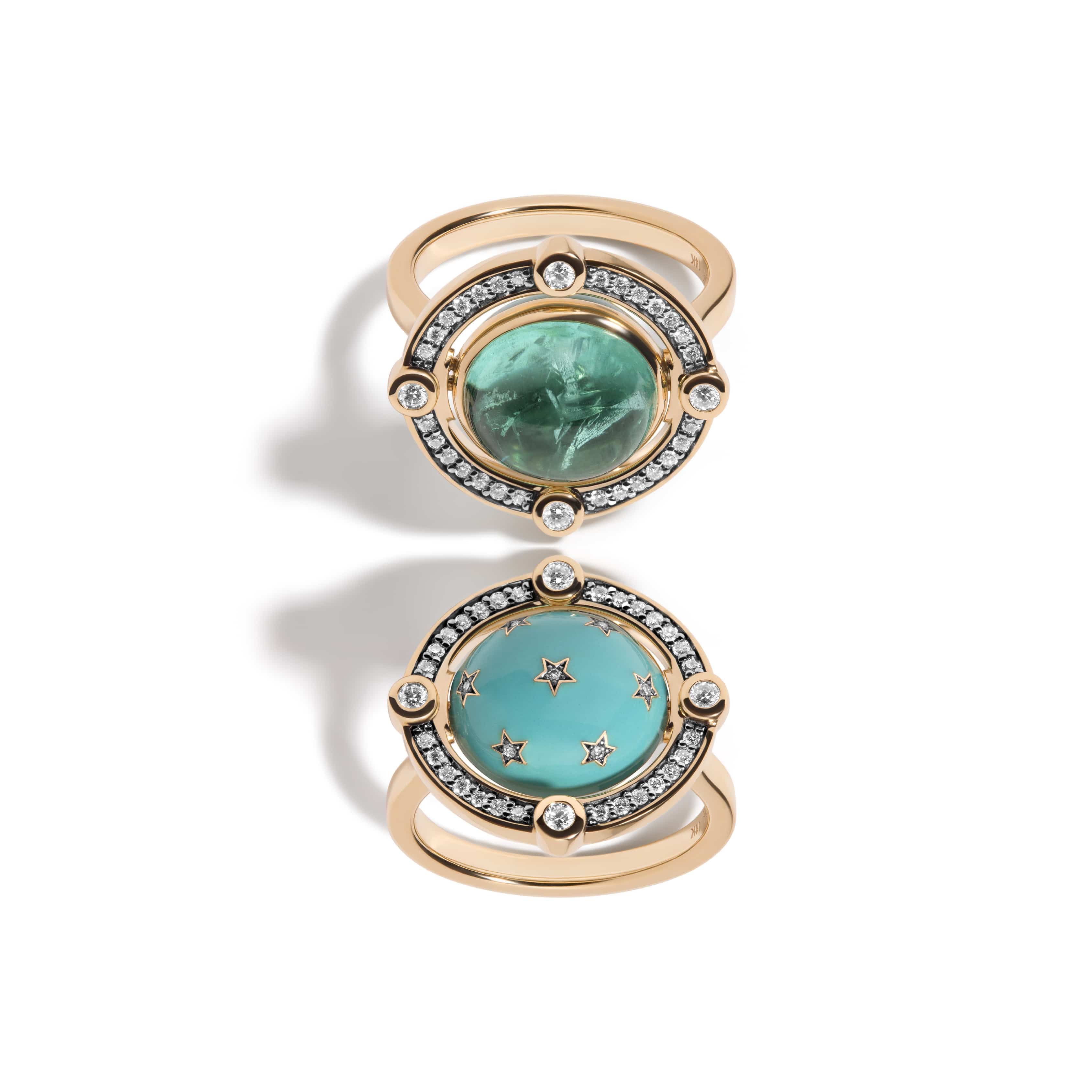 Mined + Found Rings compass ring, tourmaline + mint green enamel