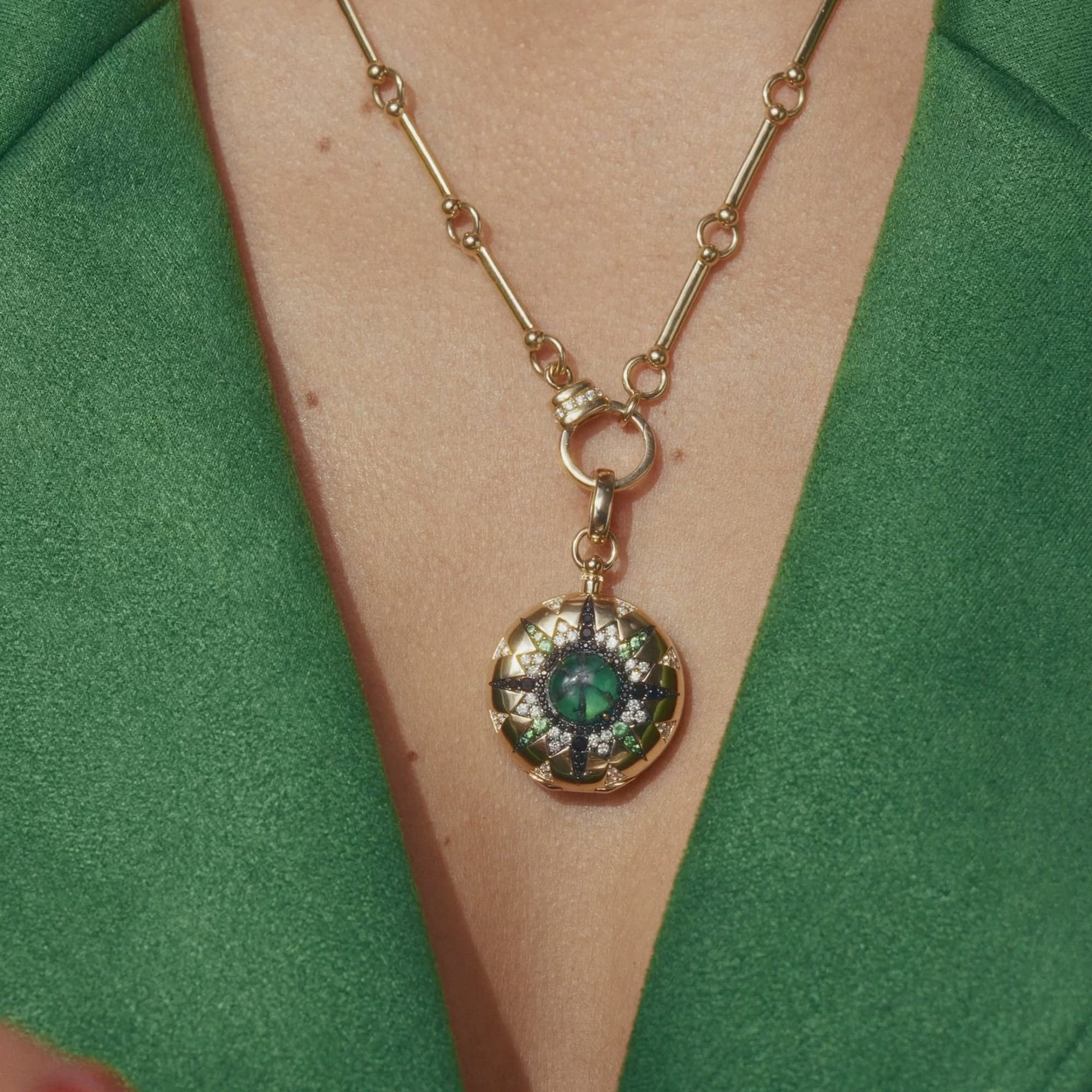 Mined + Found Pendants direction major, Trapiche emerald