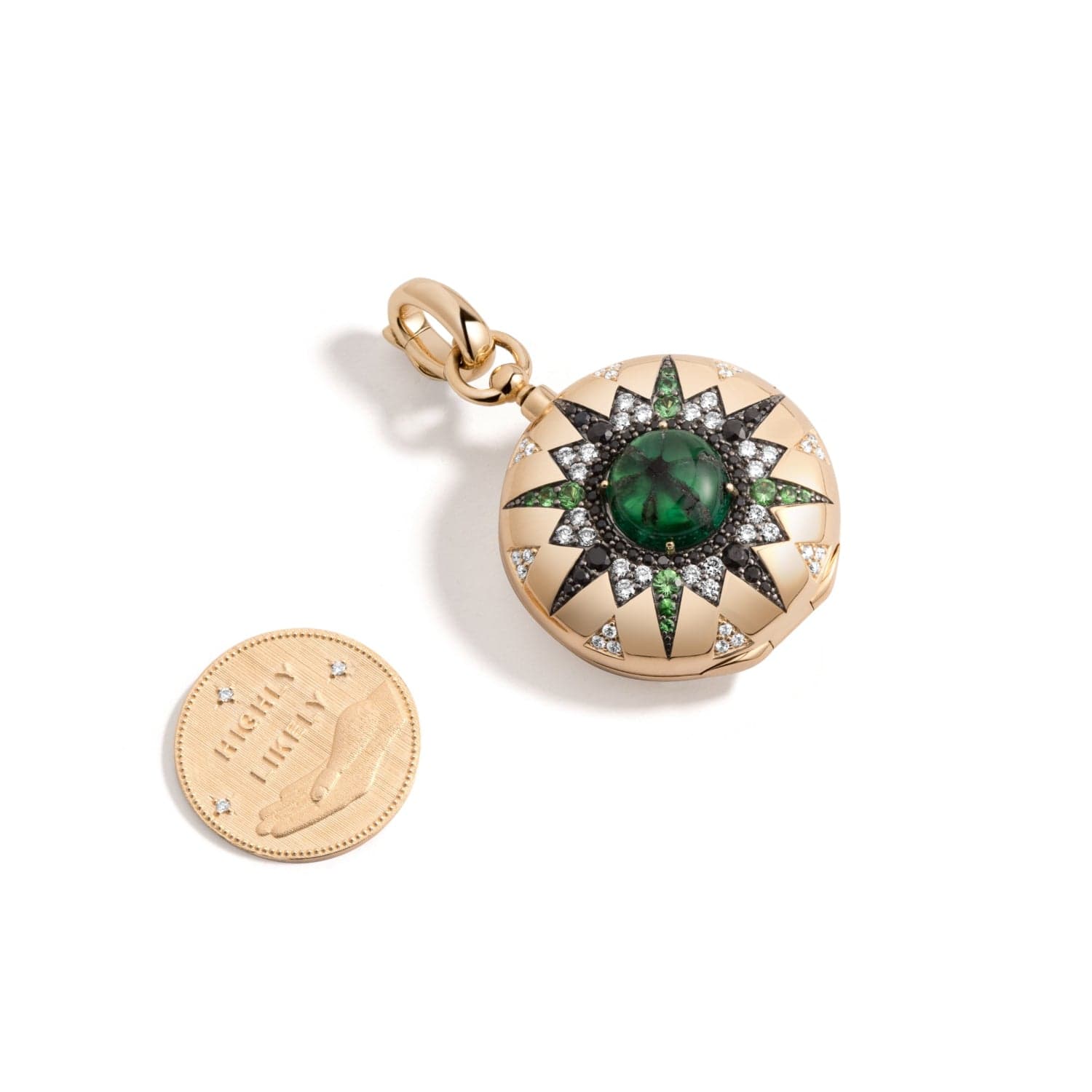 Emerald decision coin locket in 14KT yellow gold, by MINED + FOUND