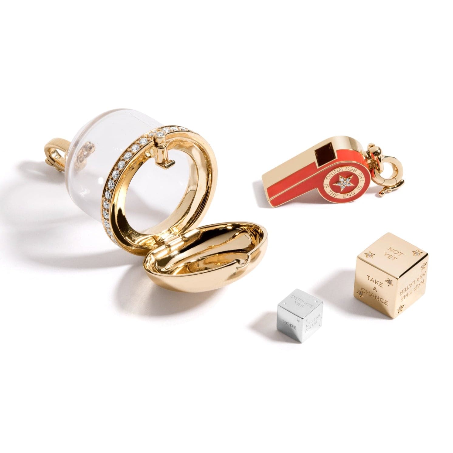 Mined and Found prize bubble gold gachapon locket pendant with glass dome, whistle pendants and gold dice