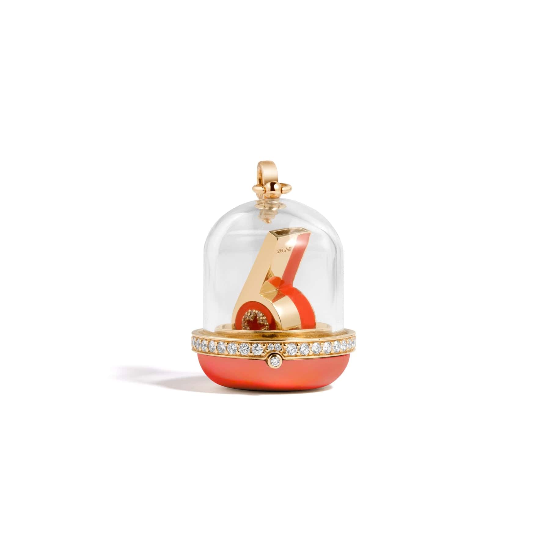 Mined and Found prize bubble gold gachapon locket pendant with glass dome, diamond and red enamel base