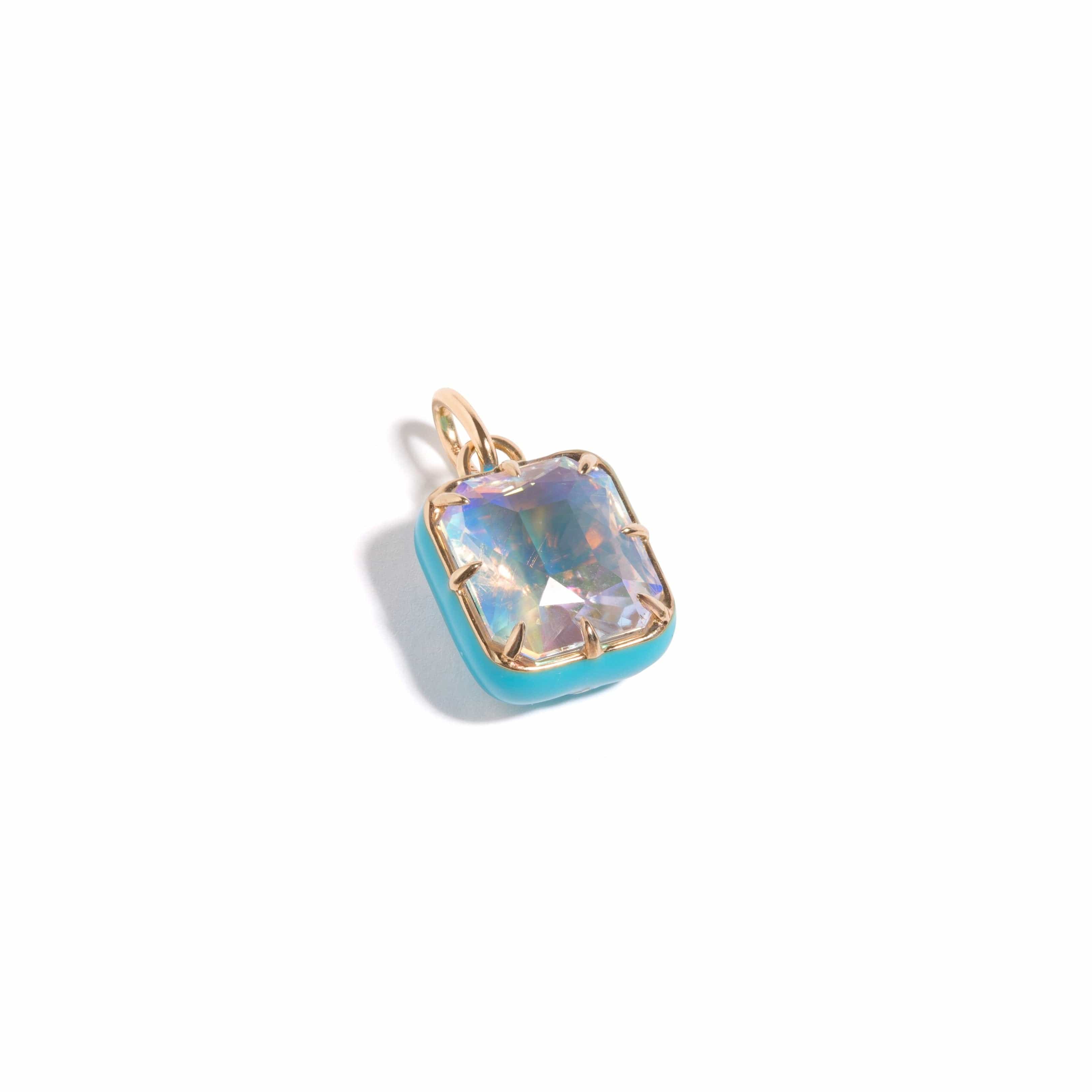 Mined and Found supernova pendant with rainbow moonstone in yellow gold collet setting with blue enamel border
