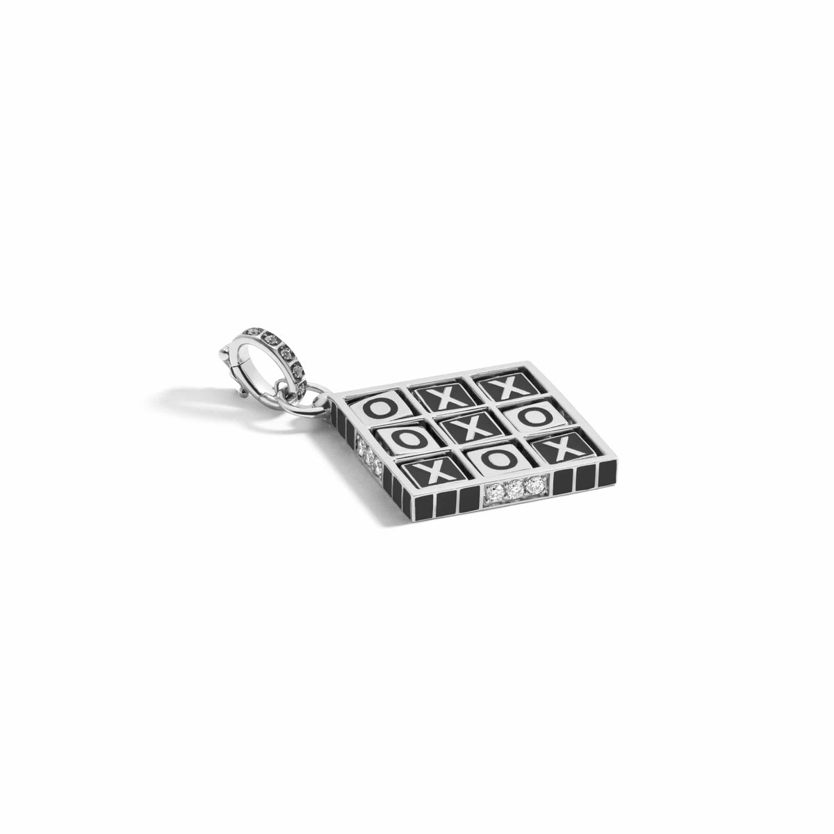 Mined + Found limited edition sterling silver tic tac toe game pendant with black enamel and diamond