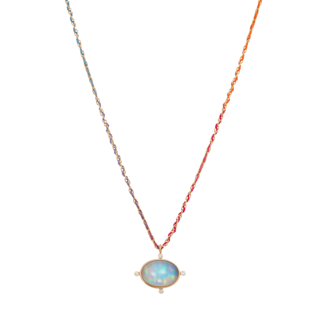 Mined + Found Pendants 4.95ct opal + rainbow silk® woven long links, one of a kind