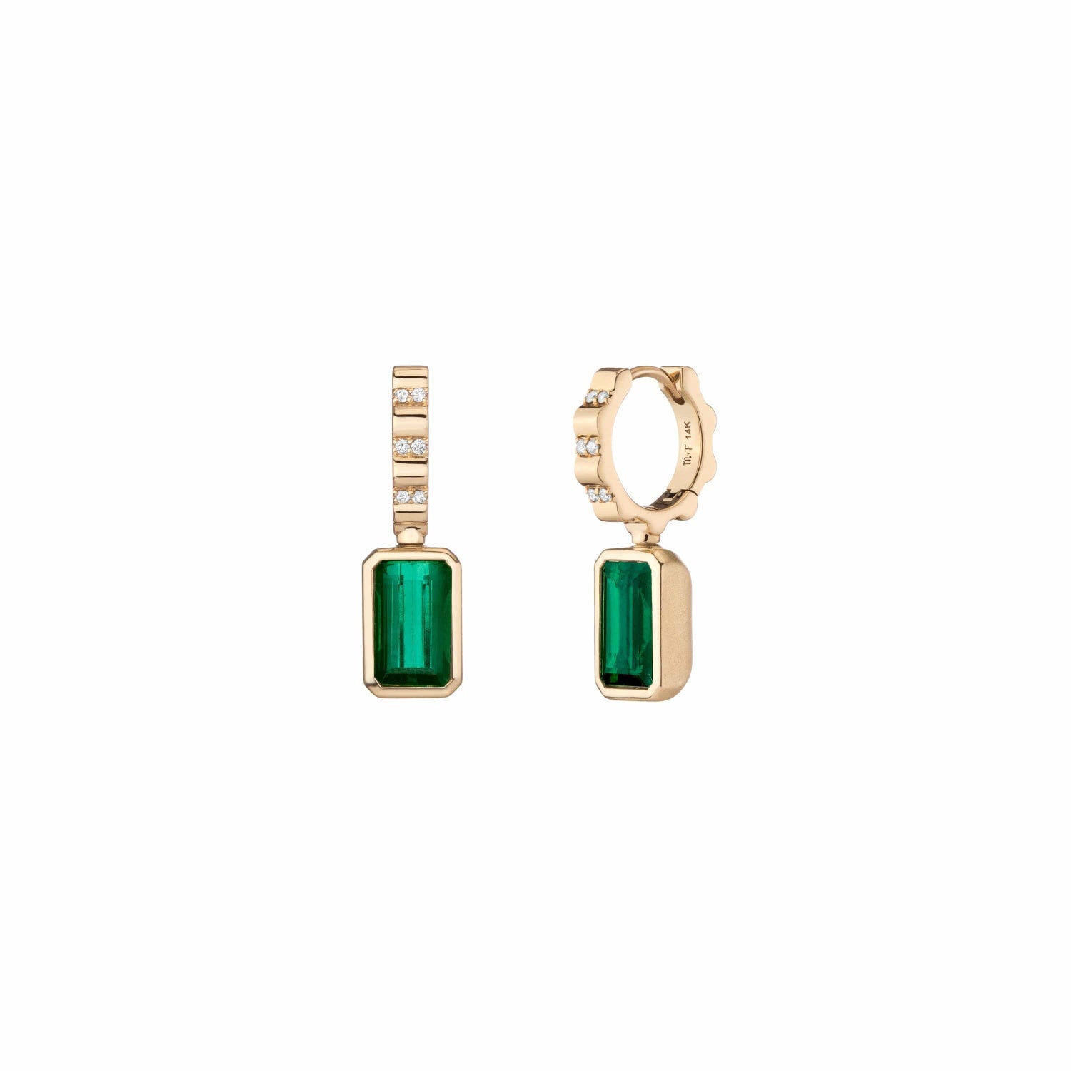 yellow gold dangle earrings with emerald cut green tourmaline gems with diamond hoops