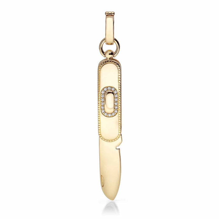 Mined + Found balance pocketknife pendant charm, yellow gold and diamond engraveable pocket knife with diamond halo, Ridgefield CT jewelry