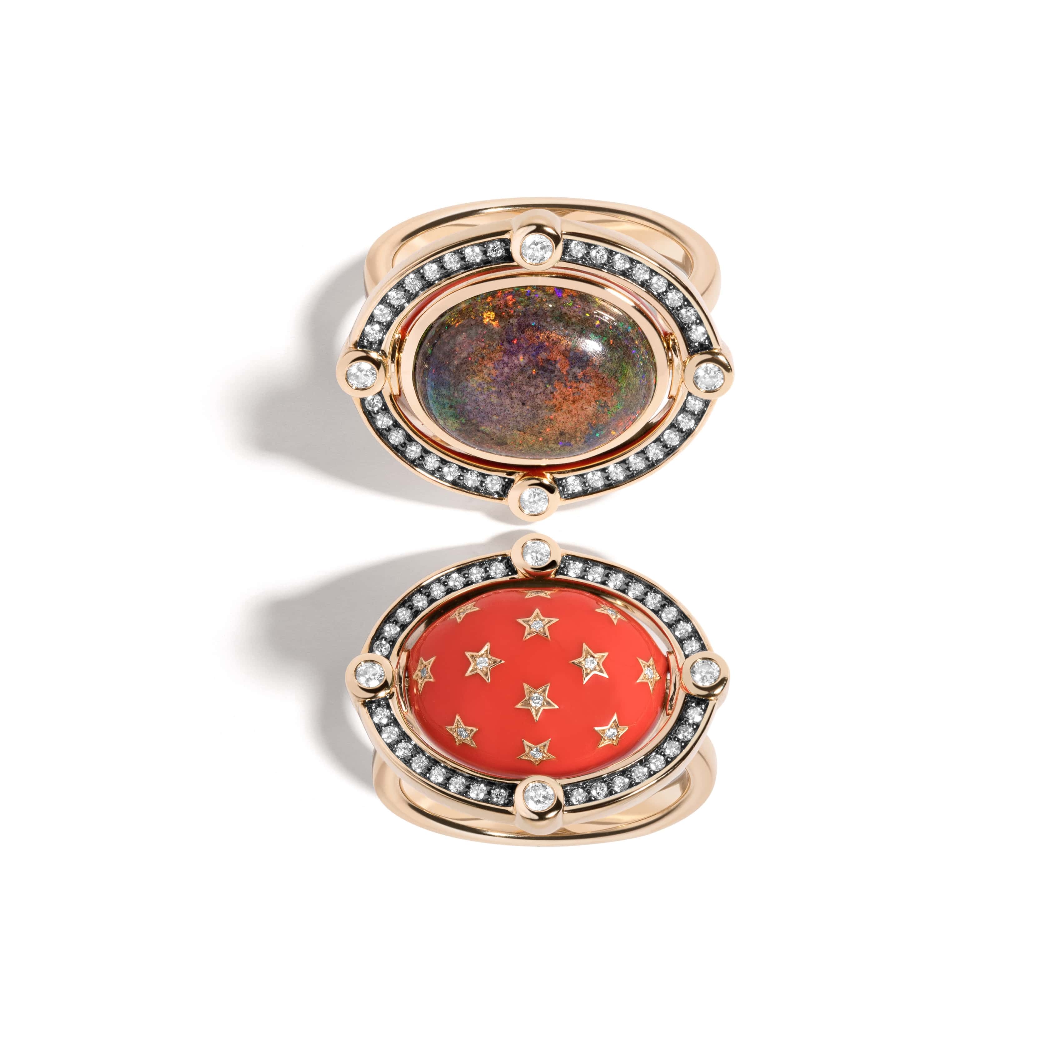 Mined + Found Rings compass ring, Andamooka opal + rouge enamel