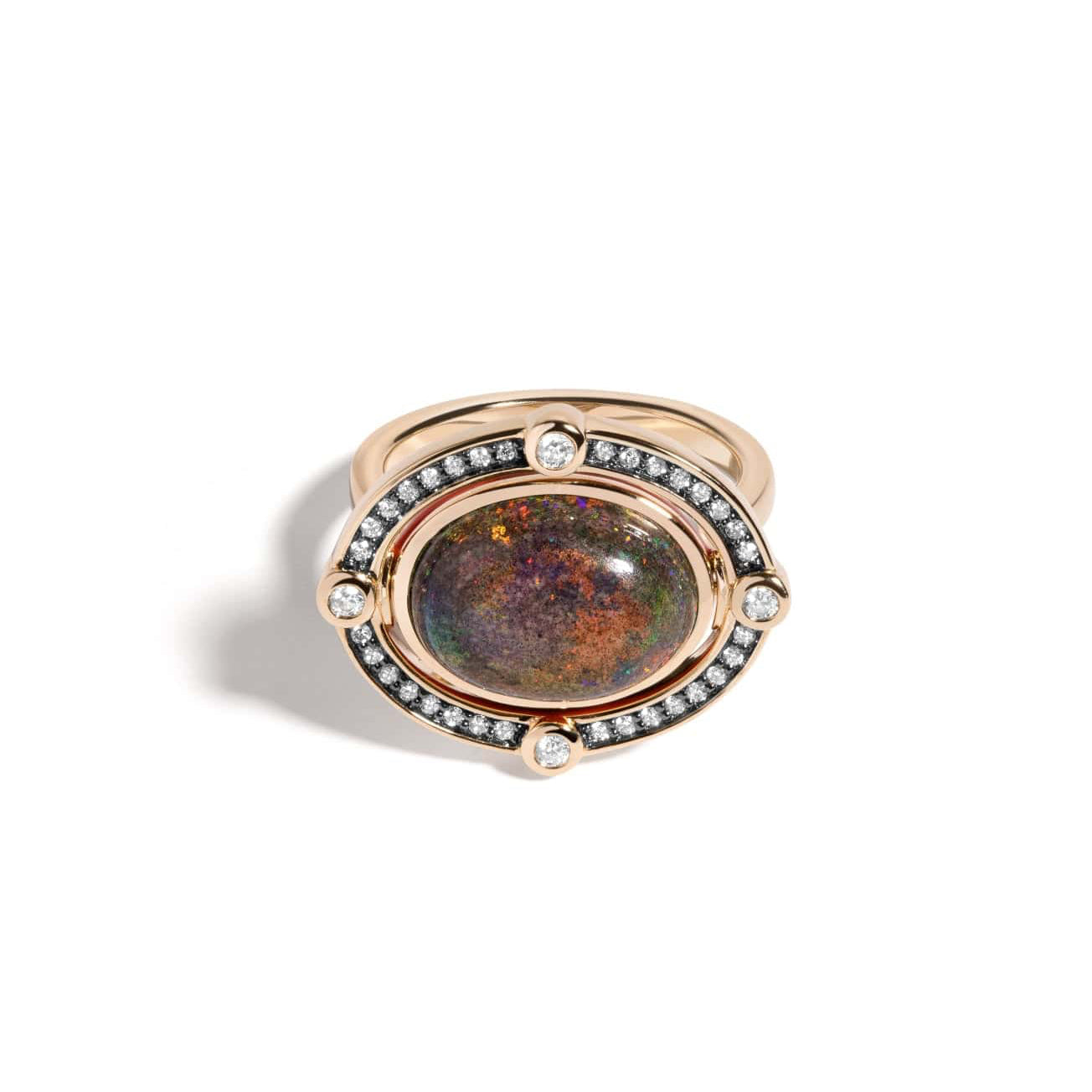 Mined + Found Rings reversible ring, Andamooka matrix opal + red enamel