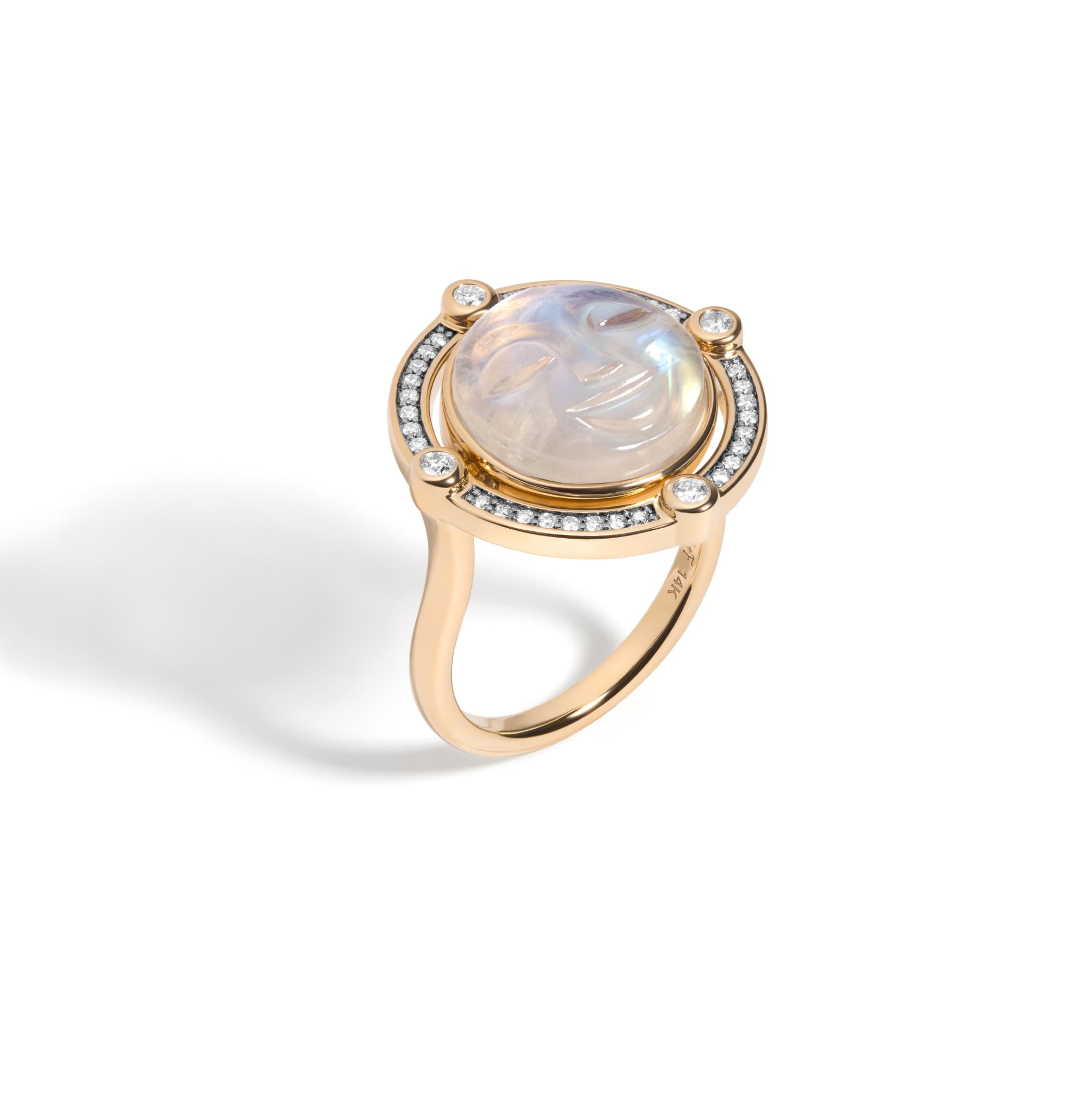 Mined + Found Rings compass ring, carved moonstone + porcelain blue