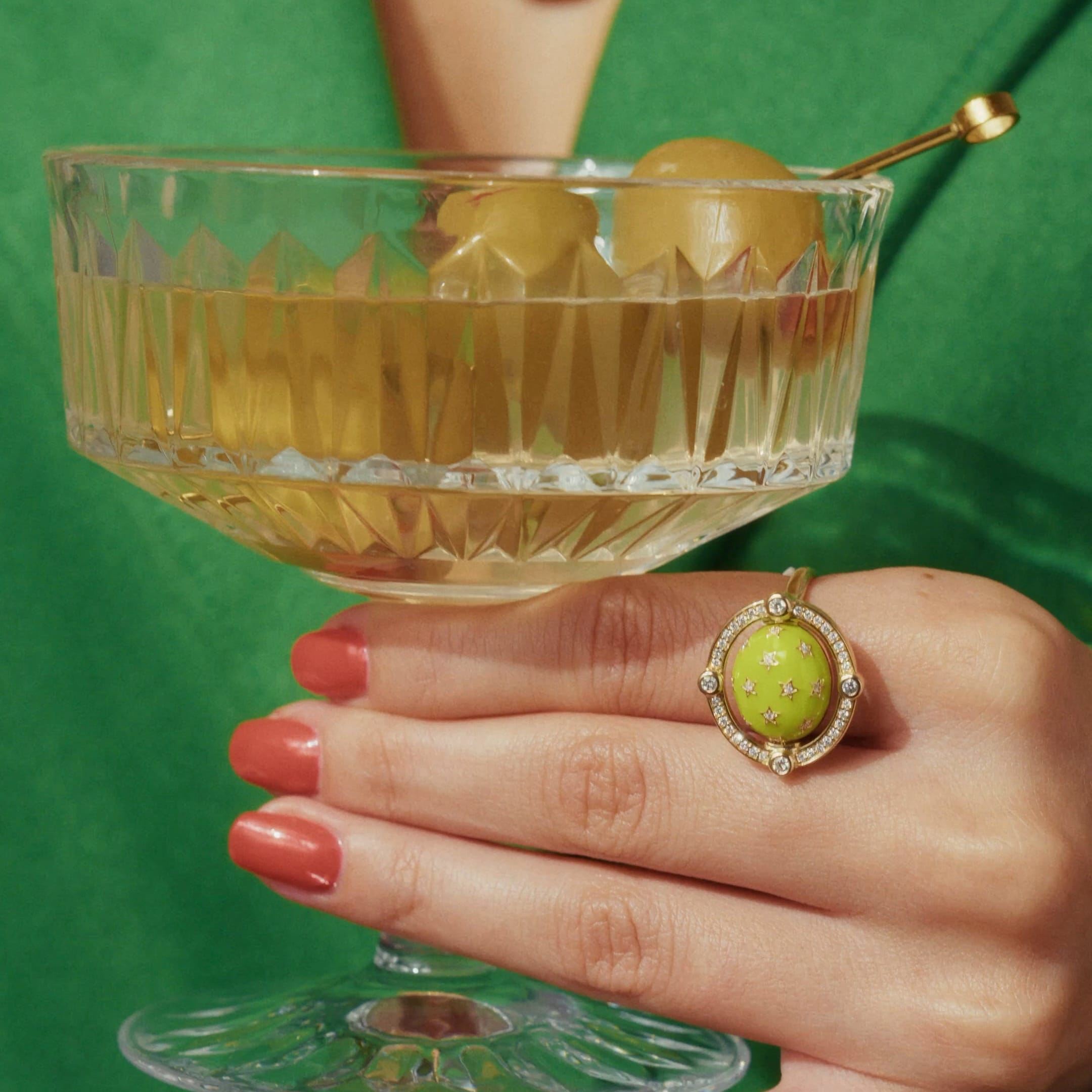 Mined + Found Rings compass ring, Ethiopian opal + glowing green enamel