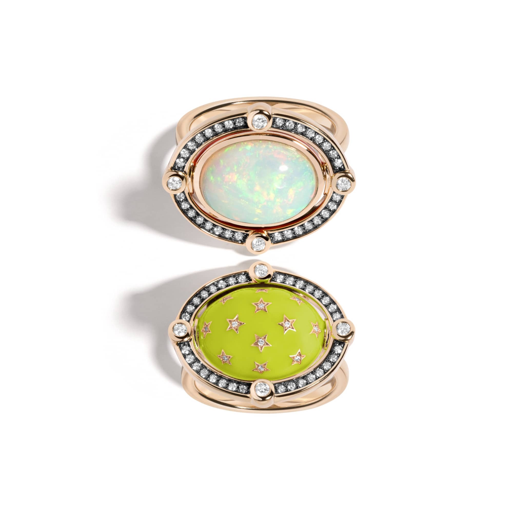 Mined + Found Rings compass ring, Ethiopian opal + glowing green enamel