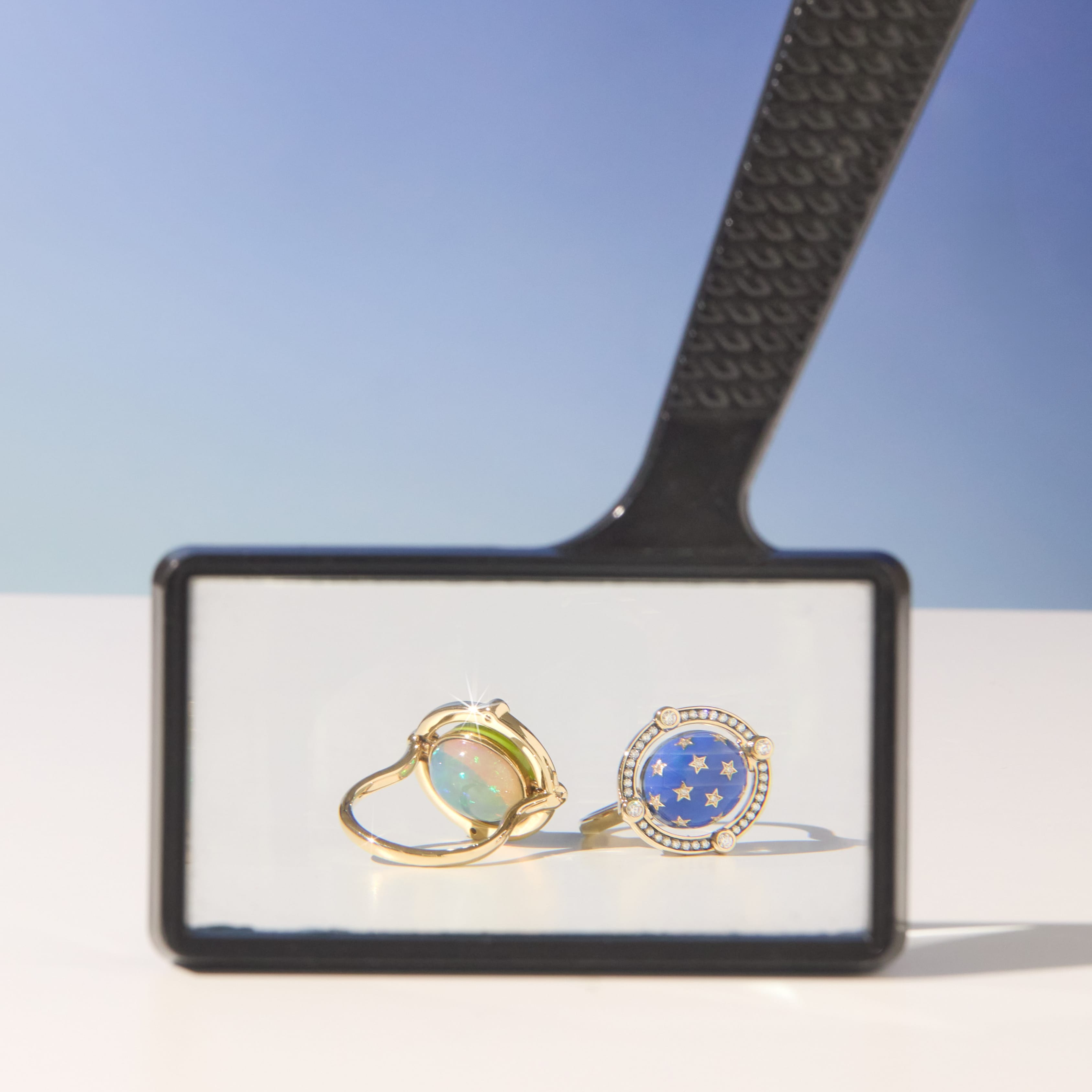 Mined + Found Rings compass ring, moonstone + vesper blue enamel