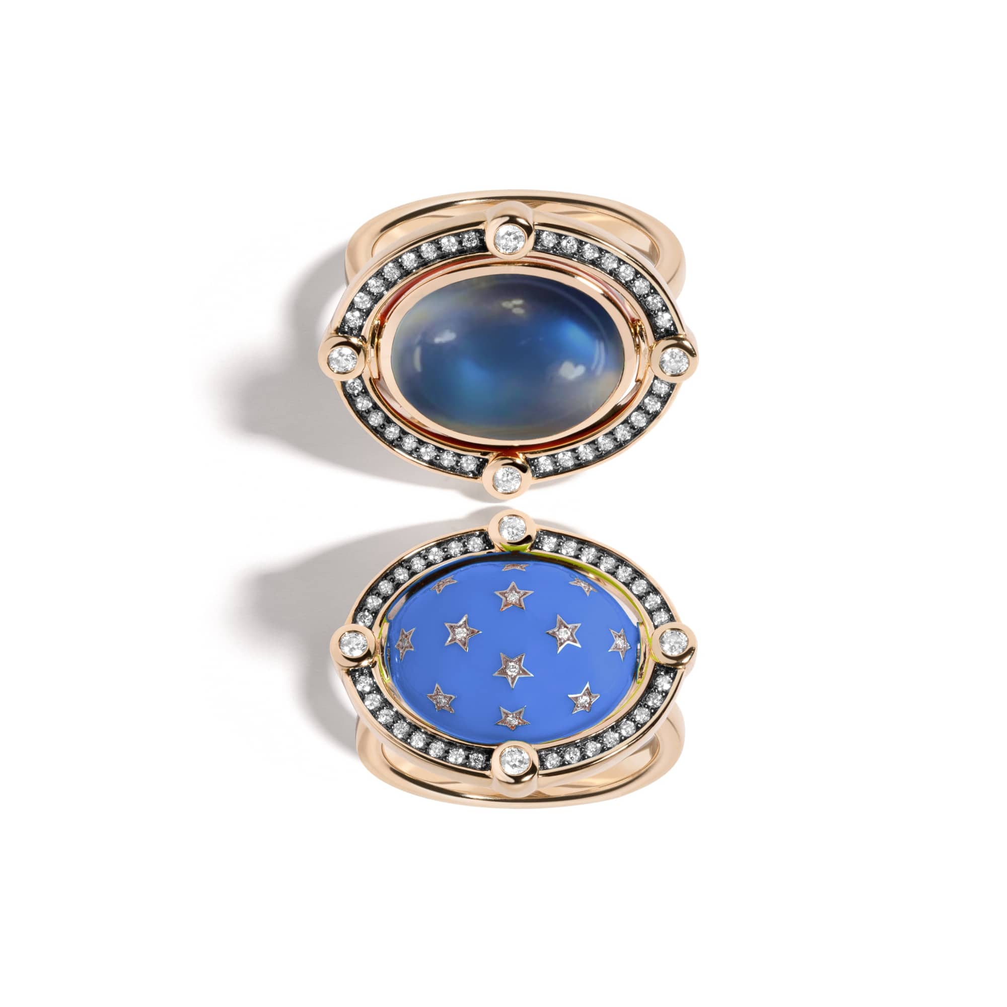 Mined + Found Rings compass ring, moonstone + vesper blue enamel