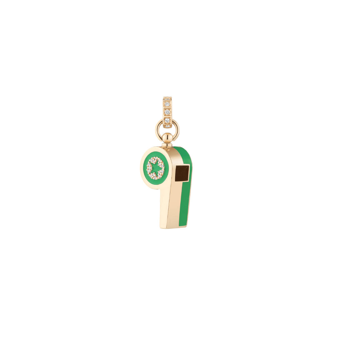 Mined + Found Pendants emerald green, gold and diamond whistle pendant