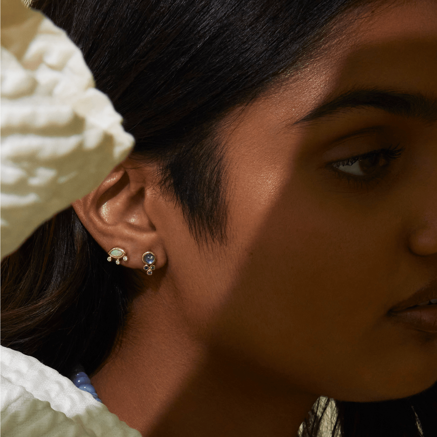 Mined + Found Earrings divine eye studs, moonstone + rainbow mix