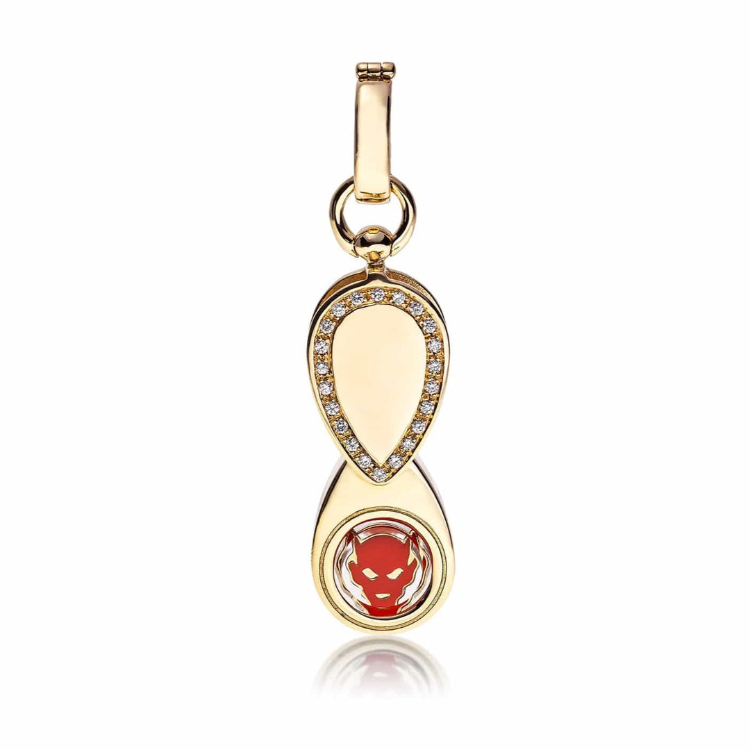 Mined + Found yellow gold and diamond jewelers loupe pendant charm with enamel devil, Ridgefield CT jewelry