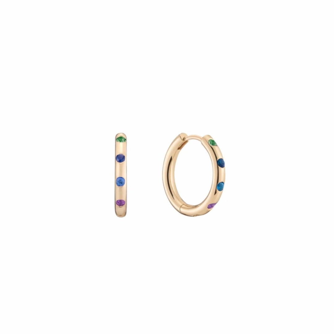 14kt yellow gold cool mix purple green blue sapphire rainbow huggie hoop earrings by mined + found