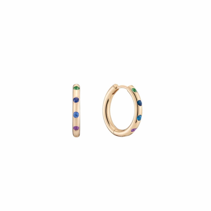 14kt yellow gold cool mix purple green blue sapphire rainbow huggie hoop earrings by mined + found