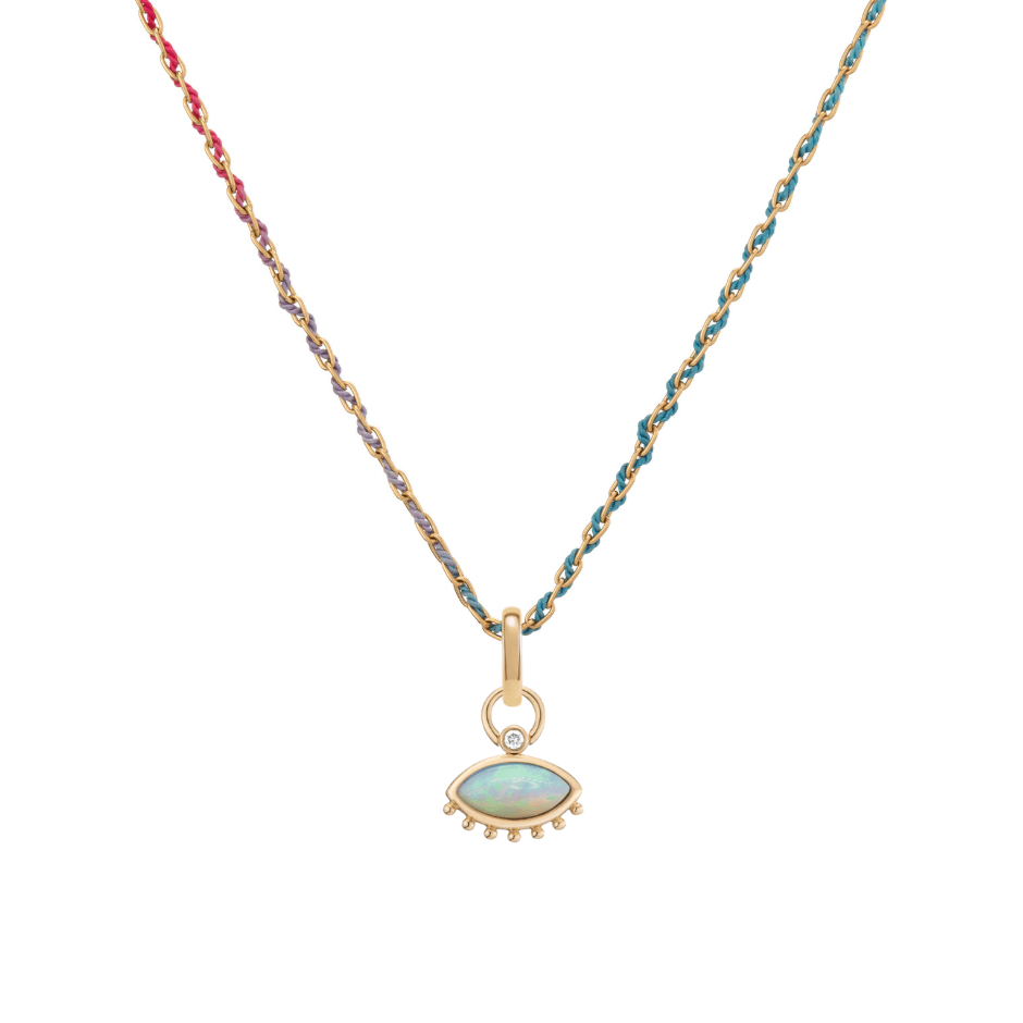 Mined + Found Pendants 18" Rainbow Silk® Woven Chain resting eye pendant