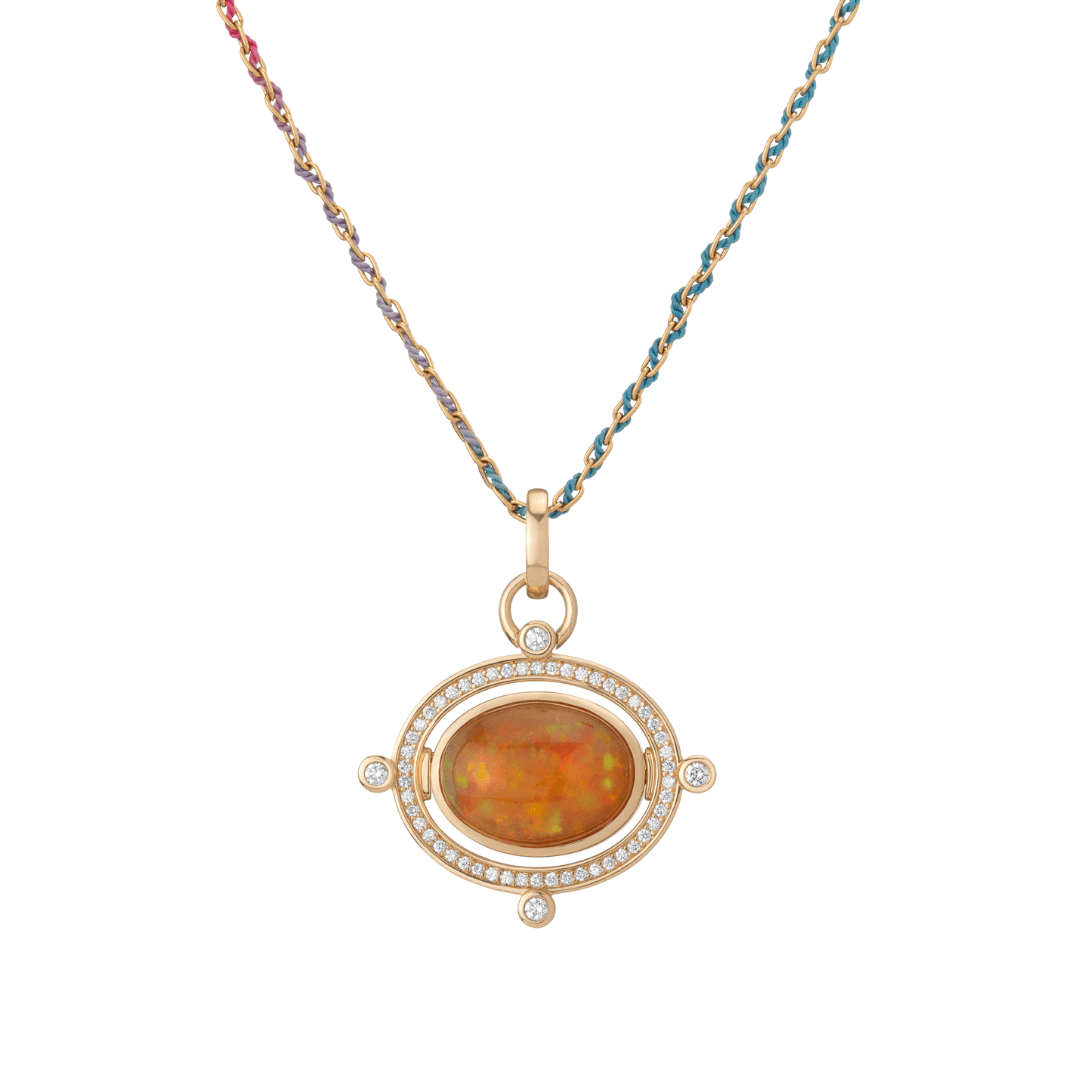 Mined + Found Necklaces 18" Rainbow Silk® Chain reversible compass pendant, fire opal + diamond, one of a kind