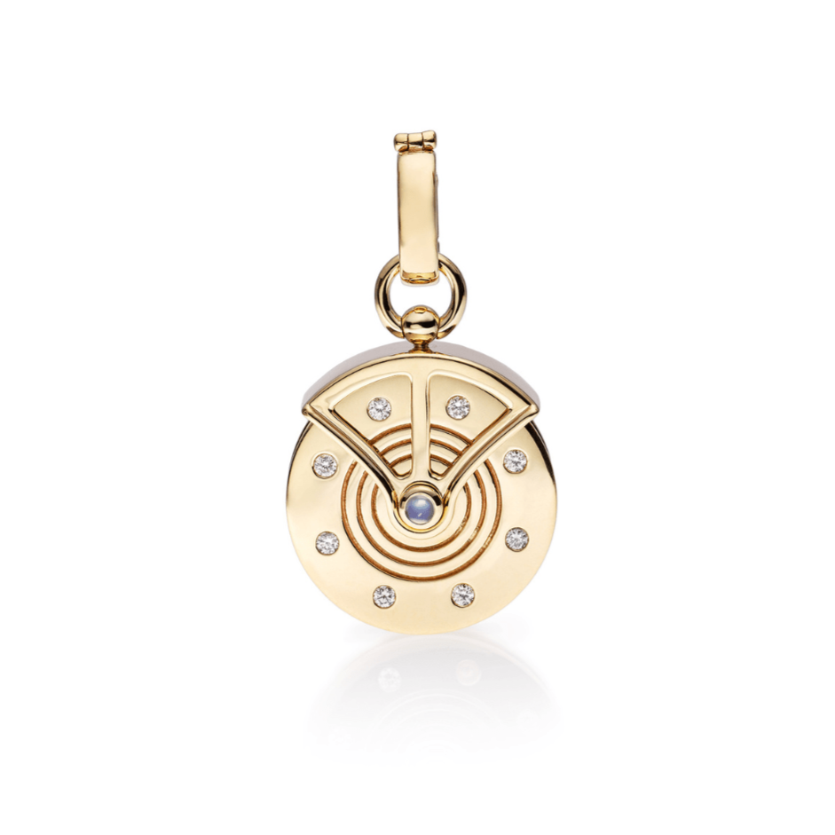 Mined + Found Strength antique chatelaine yellow gold diamond and rainbow moonstone pulley pendant charm, Ridgefield CT jewelry, kinetic jewelry