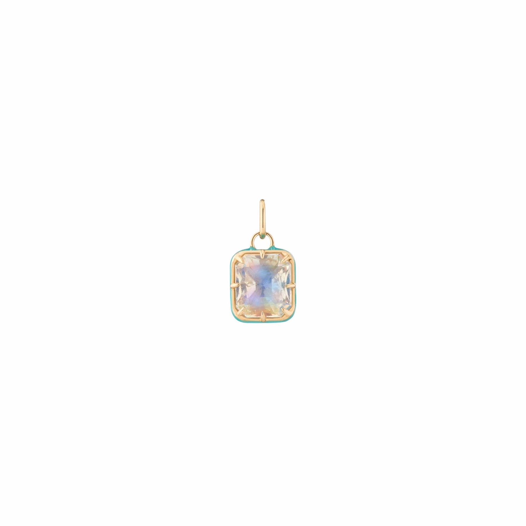 yellow gold Mined and Found supernova pendant with rainbow moonstone in antique collet setting