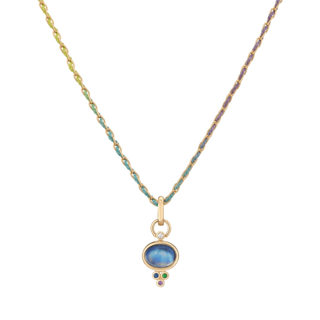 Mined + Found Pendants 18" Cool Rainbow Silk® Woven Chain trio pendant, moonstone + cool sapphire